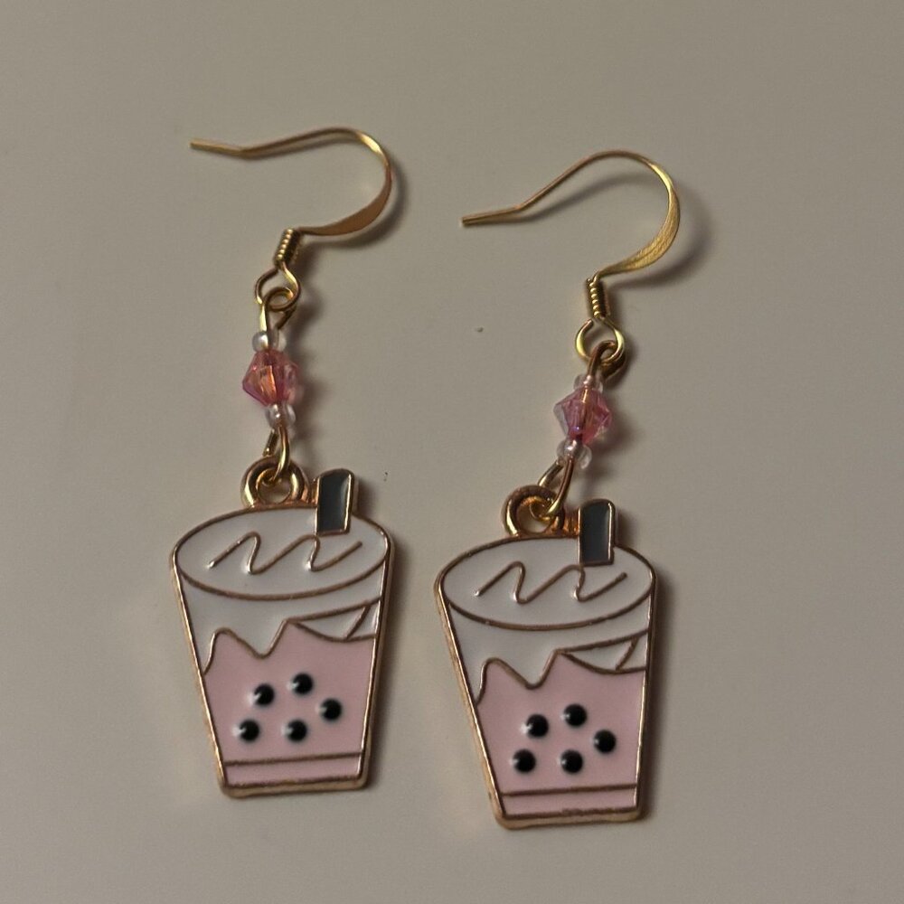 Pink boba tea earrings